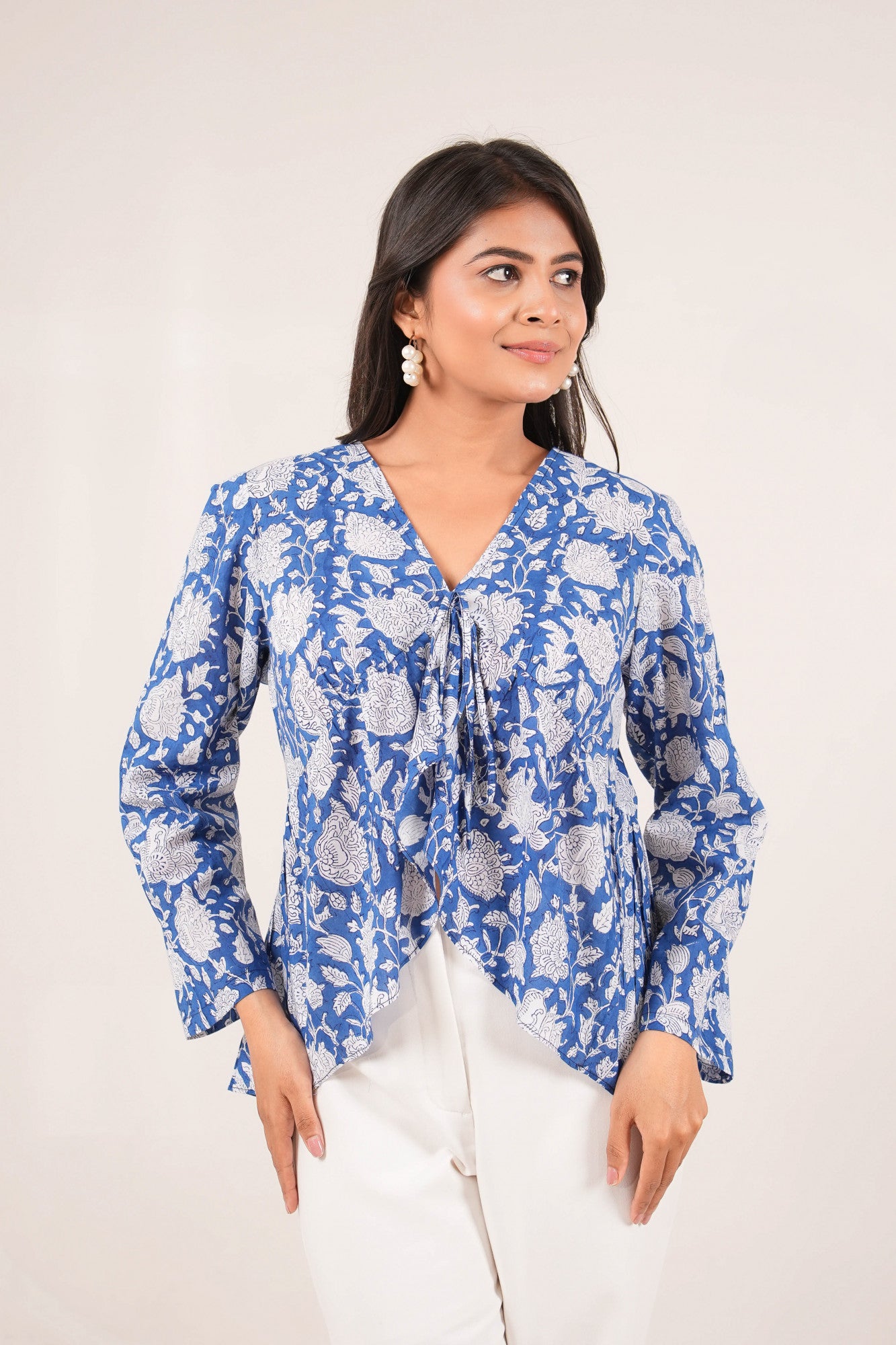 Neelkamal Overlap Blue Handblock Floral Printed Full Sleeve Top