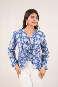 Neelkamal Overlap Blue Handblock Floral Printed Full Sleeve Top