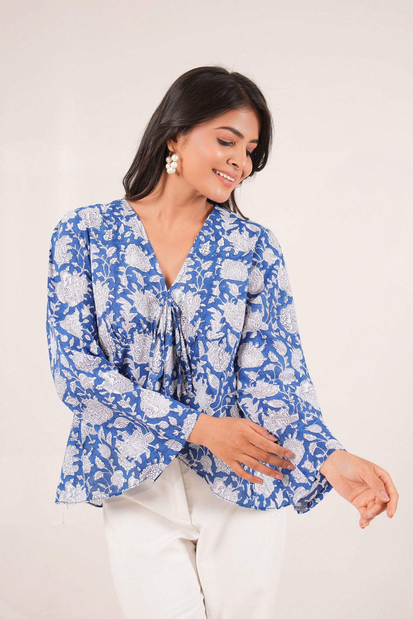 Neelkamal Overlap Blue Handblock Floral Printed Full Sleeve Top