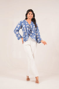Neelkamal Overlap Blue Handblock Floral Printed Full Sleeve Top