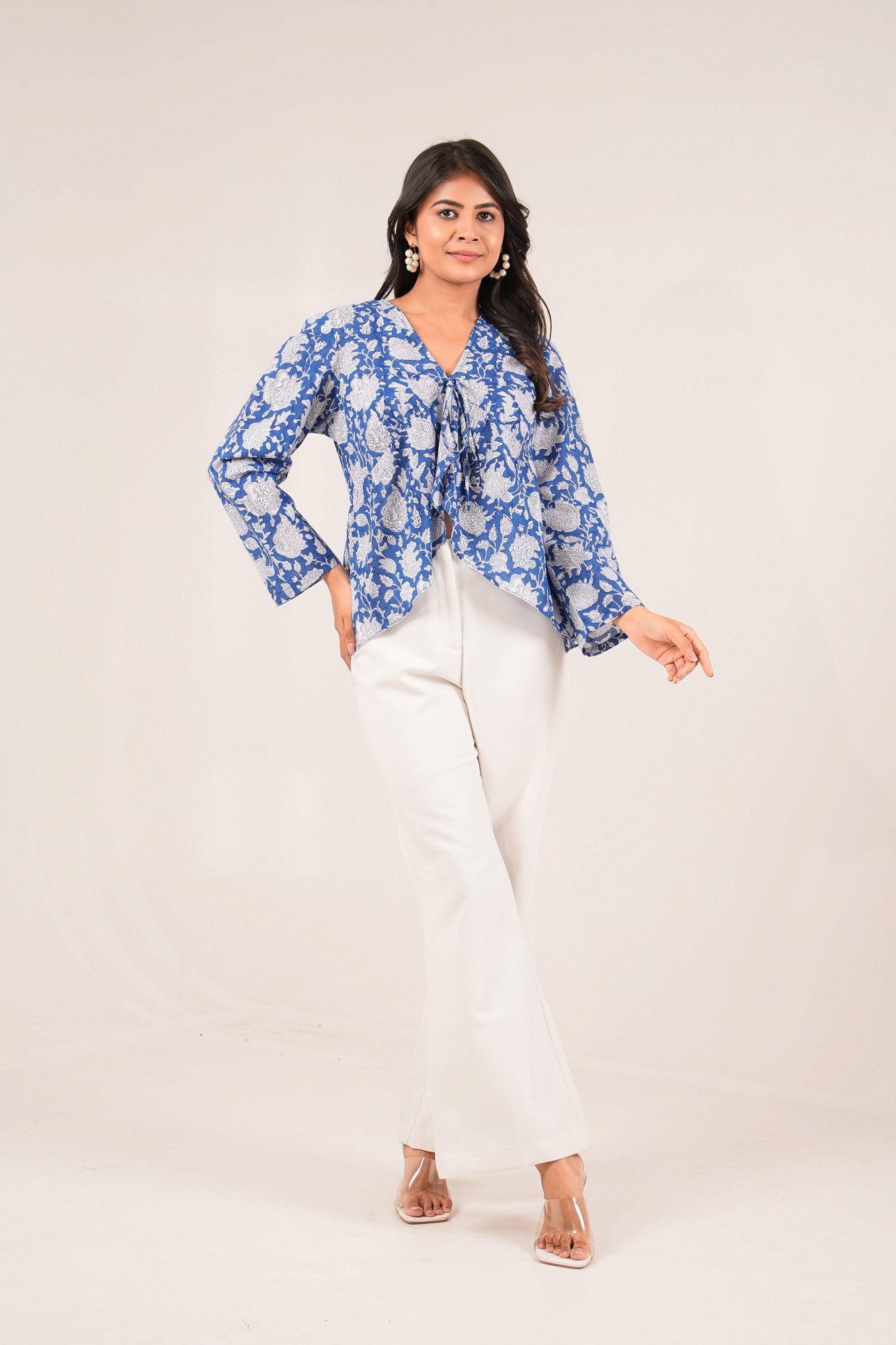 Neelkamal Overlap Blue Handblock Floral Printed Full Sleeve Top