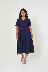 Midnight Bloom Hand Embroidered Midi Cotton Dress