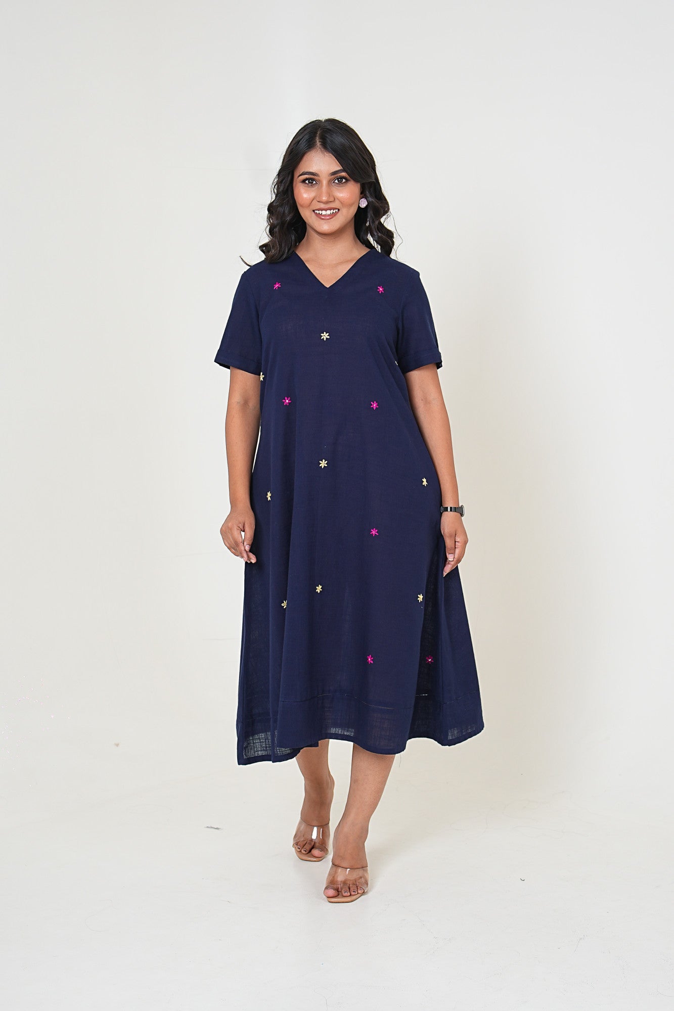 Midnight Bloom Hand Embroidered Midi Cotton Dress