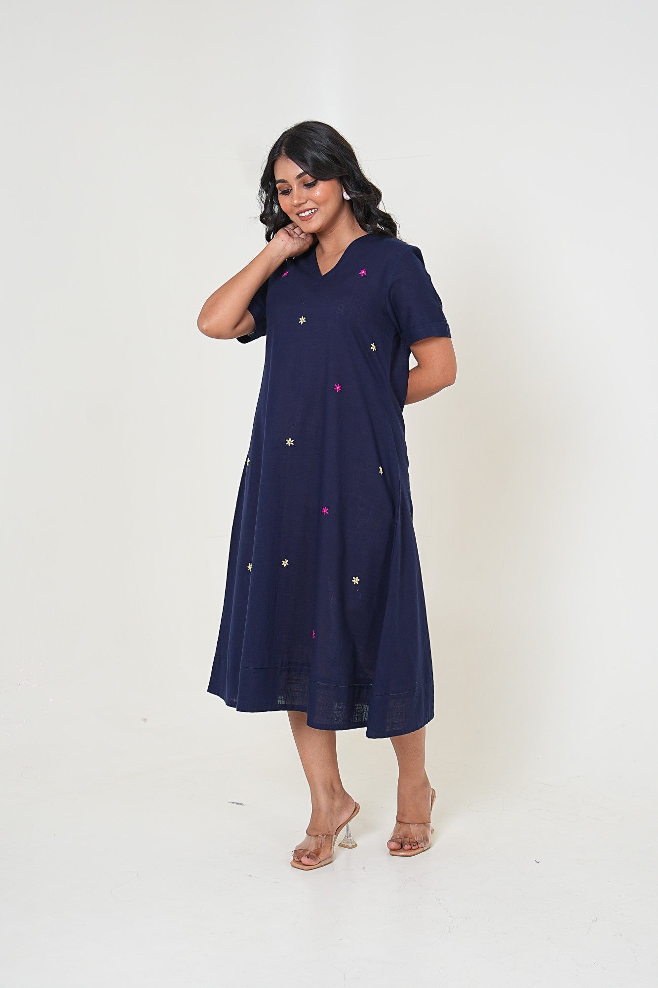 Midnight Bloom Hand Embroidered Midi Cotton Dress