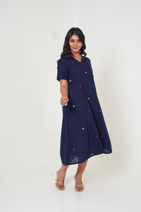 Midnight Bloom Hand Embroidered Midi Cotton Dress