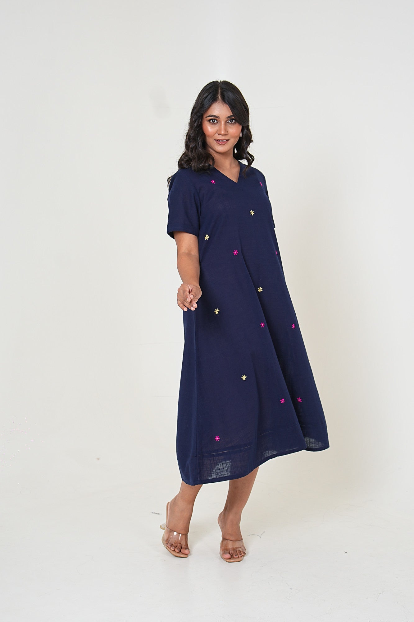 Midnight Bloom Hand Embroidered Midi Cotton Dress