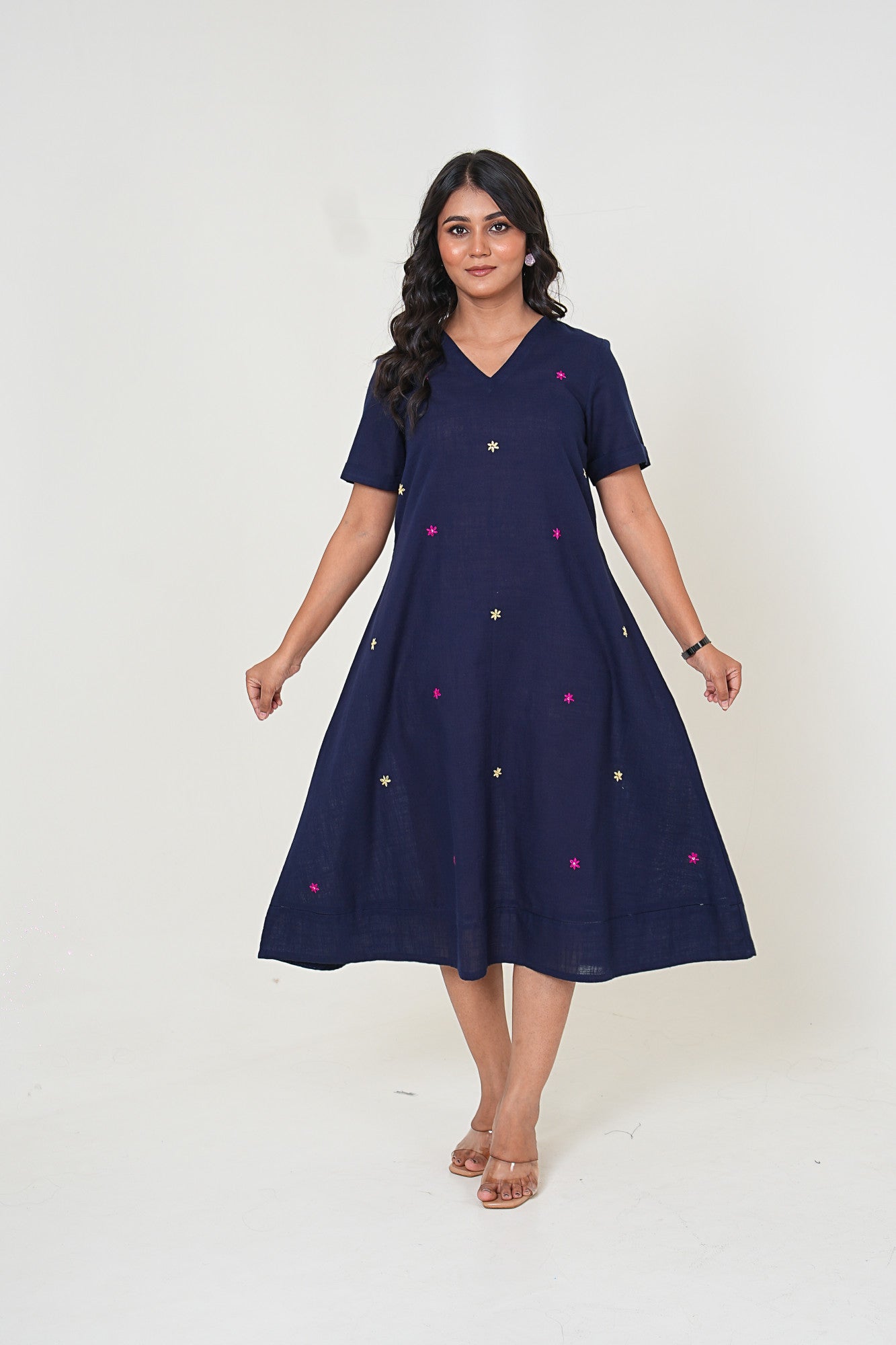 Midnight Bloom Hand Embroidered Midi Cotton Dress