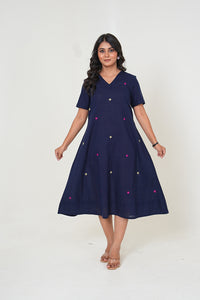 Midnight Bloom Hand Embroidered Midi Cotton Dress