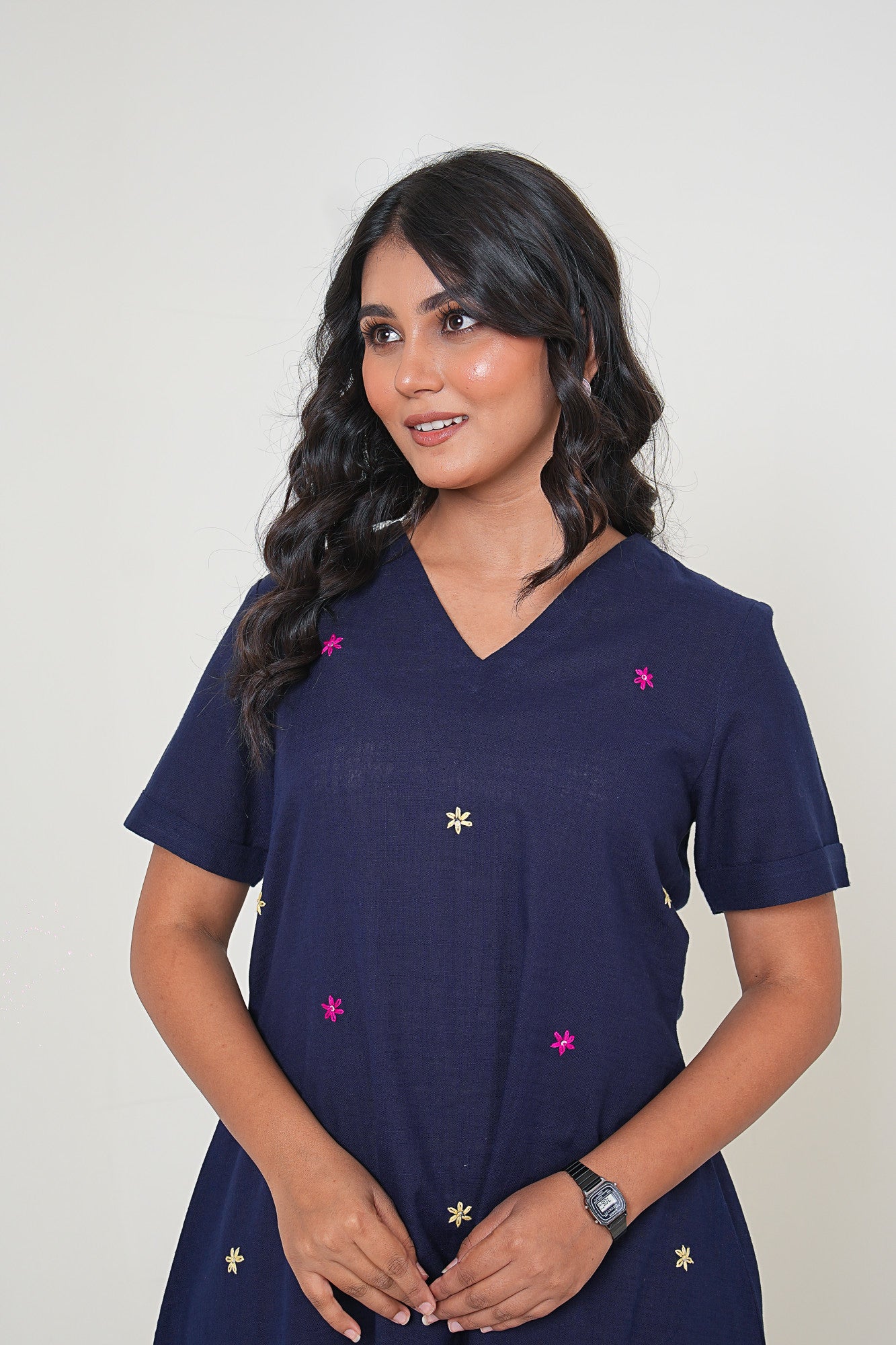 Midnight Bloom Hand Embroidered Midi Cotton Dress