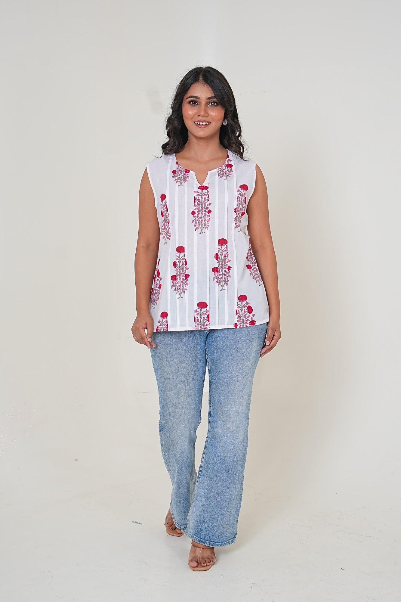 Scarlet Bloom Pleated Handblock Printed Cotton Sleeveless Top