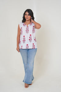 Scarlet Bloom Pleated Handblock Printed Cotton Sleeveless Top