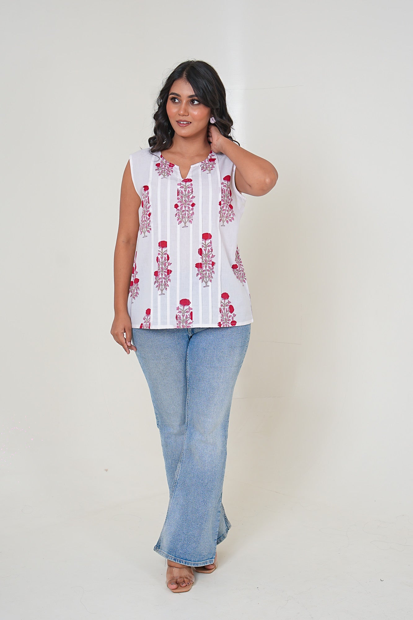 Scarlet Bloom Pleated Handblock Printed Cotton Sleeveless Top