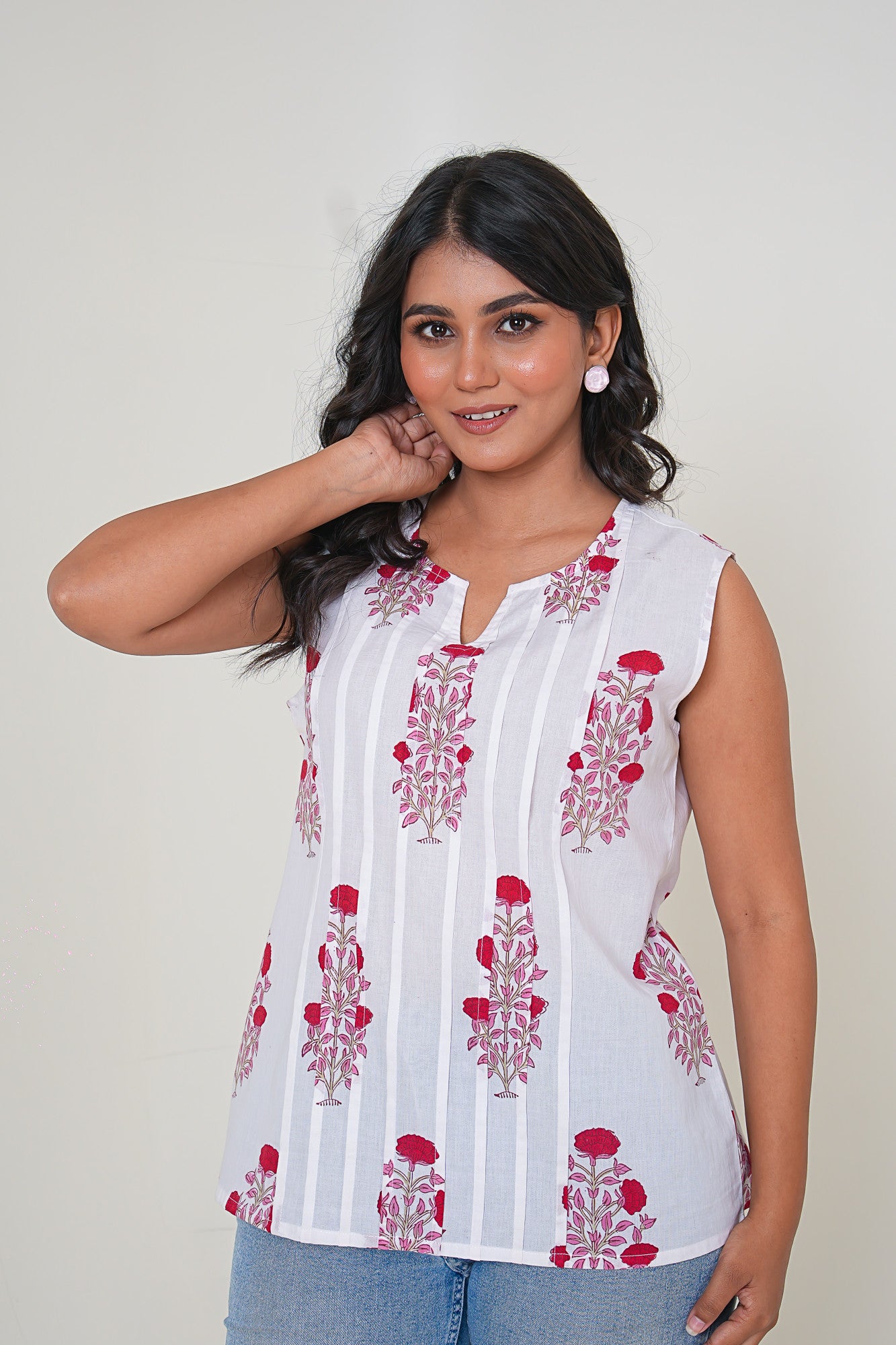 Scarlet Bloom Pleated Handblock Printed Cotton Sleeveless Top