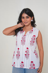 Scarlet Bloom Pleated Handblock Printed Cotton Sleeveless Top