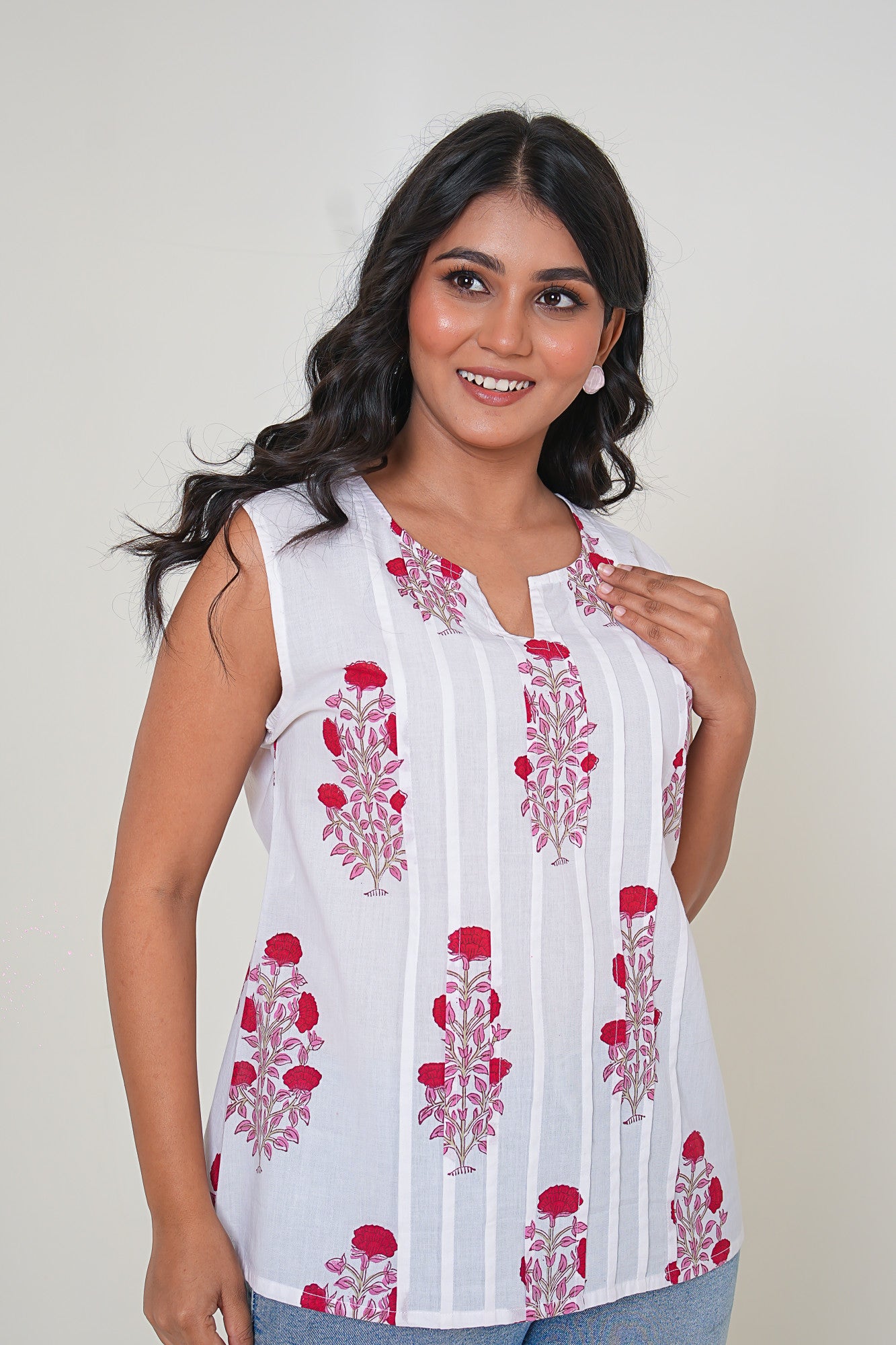 Scarlet Bloom Pleated Handblock Printed Cotton Sleeveless Top