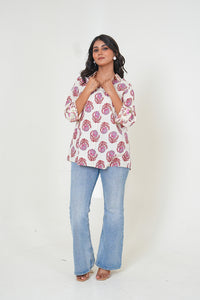 Crimson Bloom Handblock Print Inspired Top Style Shirt