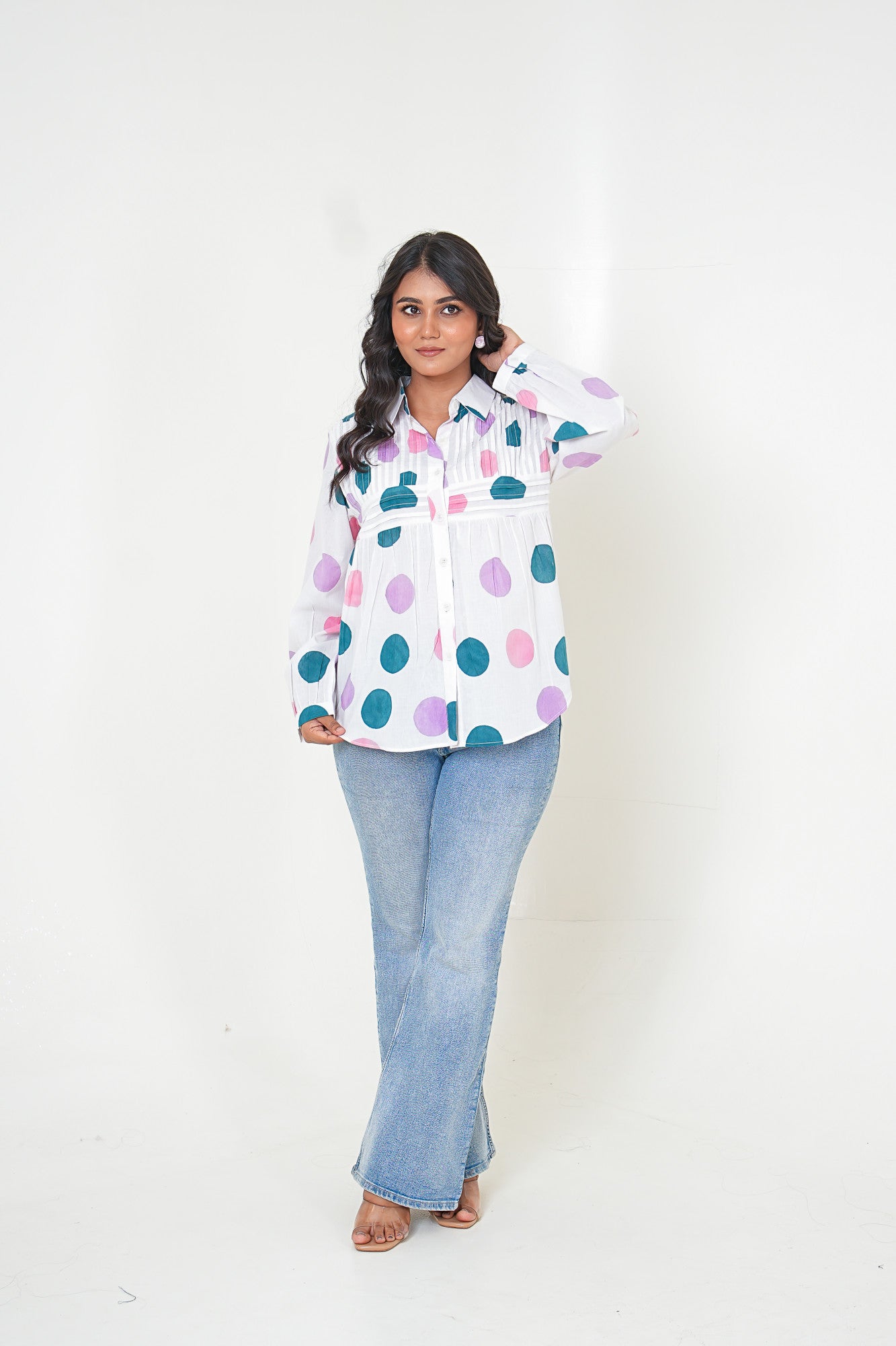 Pastel Polka Dot Pleated Breeze Handblock Printed Shirt