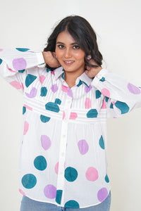 Pastel Polka Dot Pleated Breeze Handblock Printed Shirt