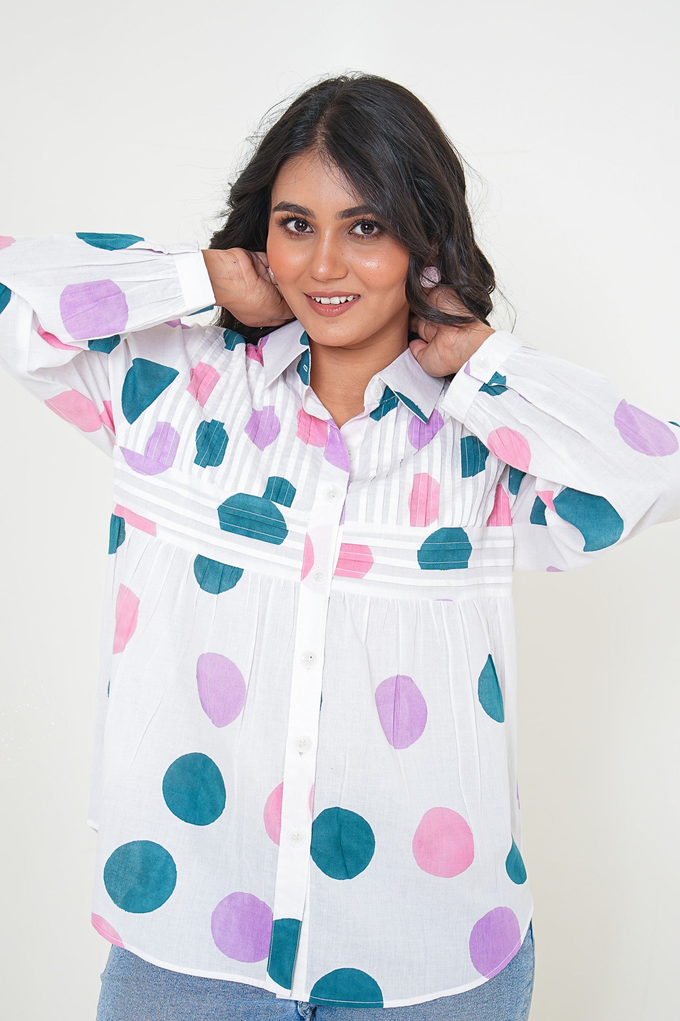Pastel Polka Dot Pleated Breeze Handblock Printed Shirt
