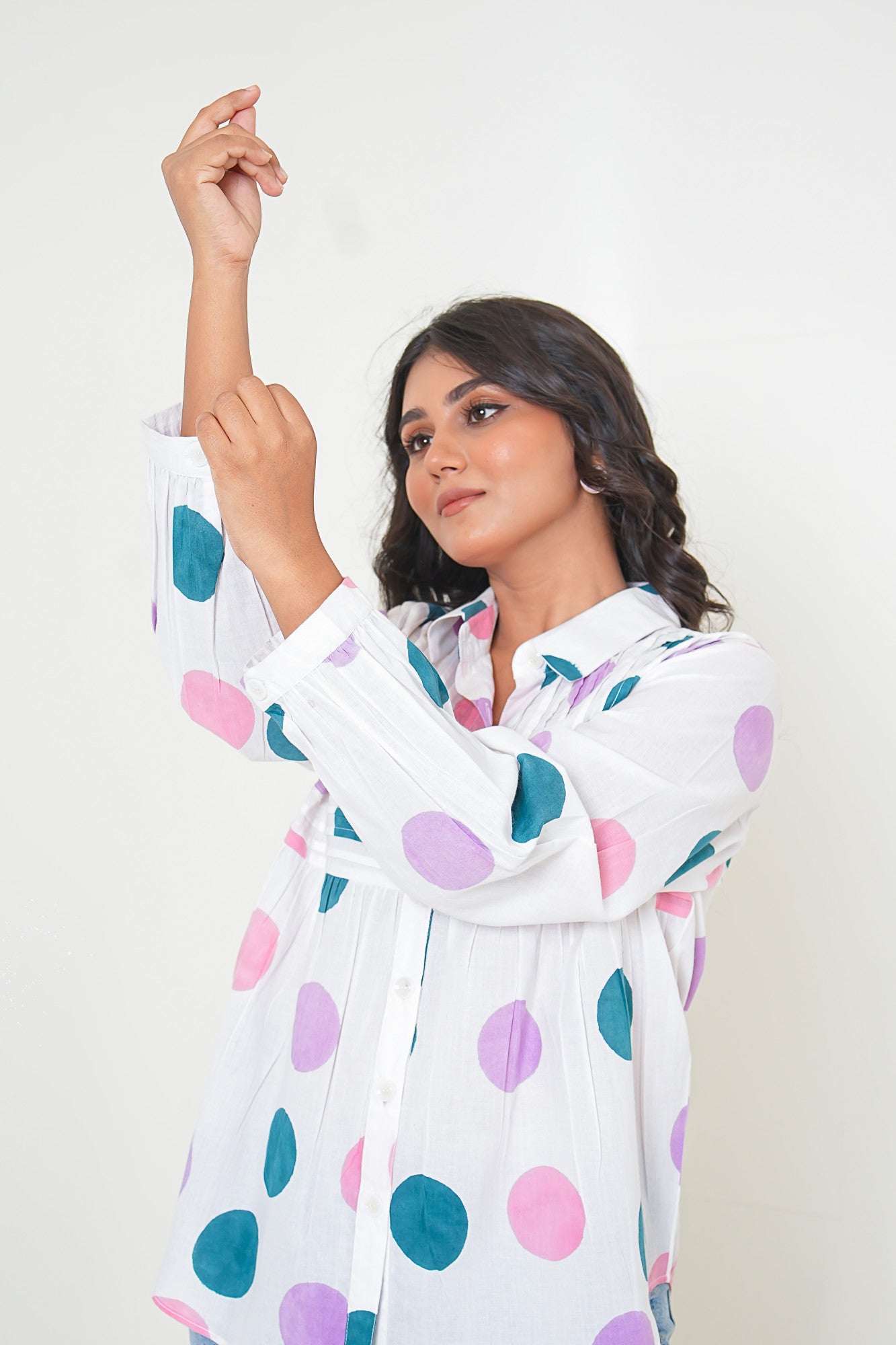 Pastel Polka Dot Pleated Breeze Handblock Printed Shirt
