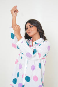 Pastel Polka Dot Pleated Breeze Handblock Printed Shirt