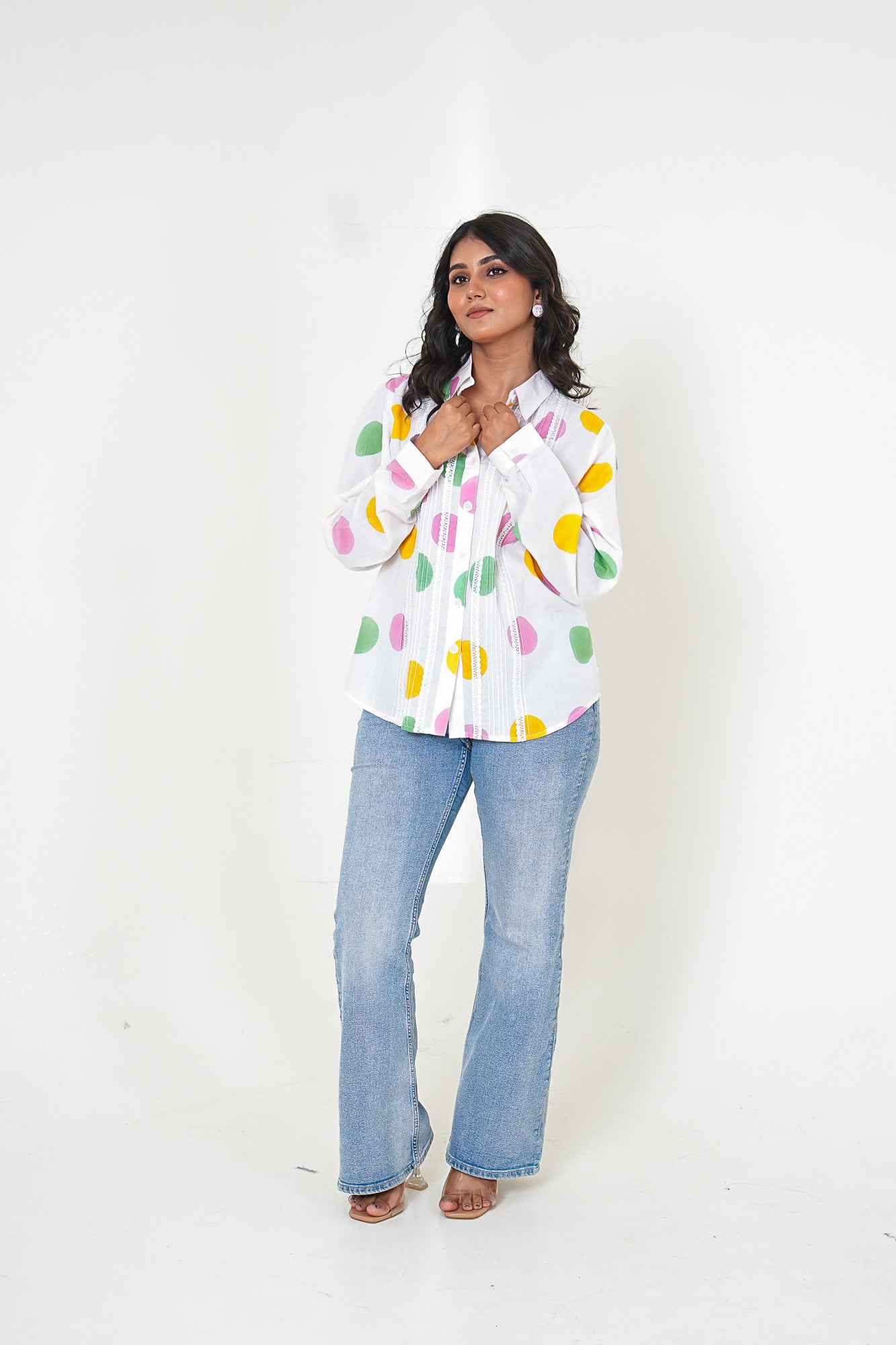 Polka Poise Pleated  Handblock Printed Cotton Shirt