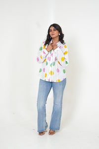 Polka Poise Pleated  Handblock Printed Cotton Shirt