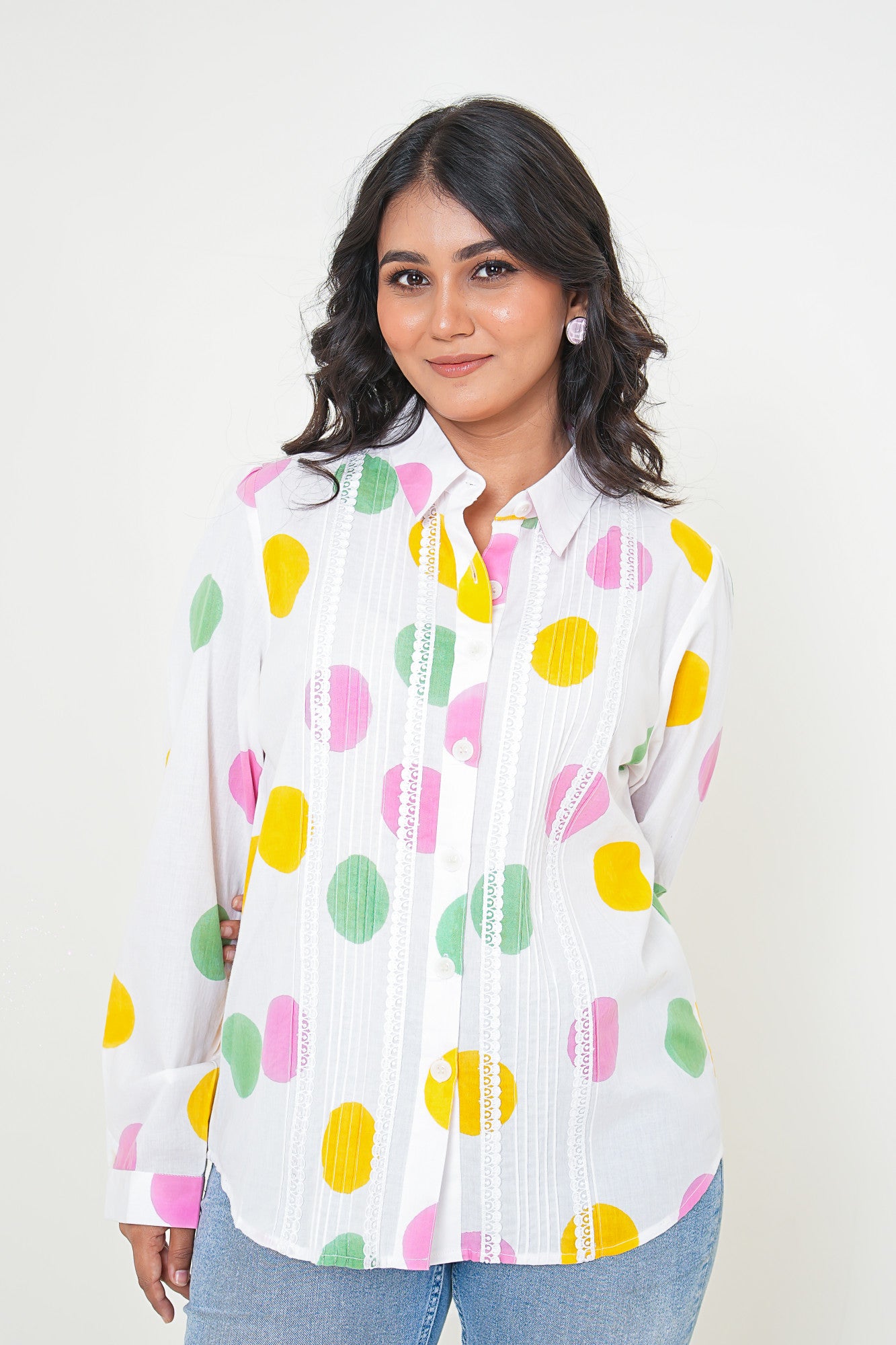 Polka Poise Pleated  Handblock Printed Cotton Shirt