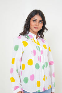 Polka Poise Pleated  Handblock Printed Cotton Shirt
