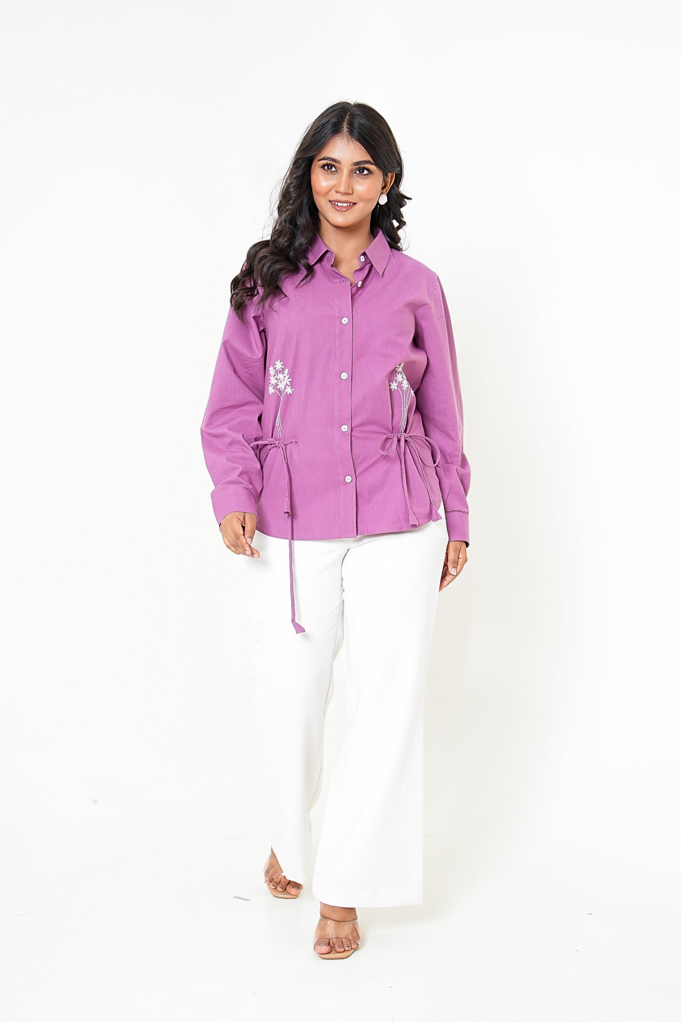Mauve Meadow Hand Embroidered Waist-Tie Shirt