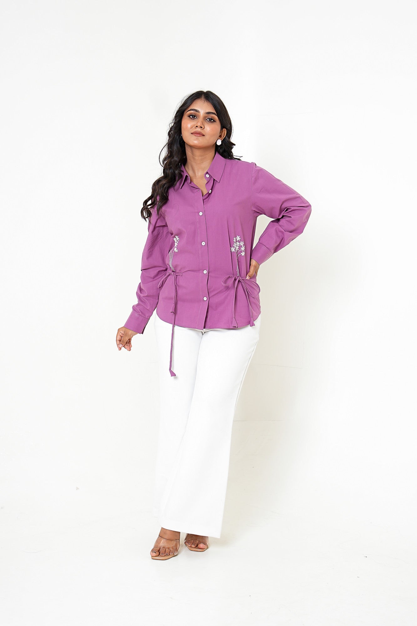 Mauve Meadow Hand Embroidered Waist-Tie Shirt