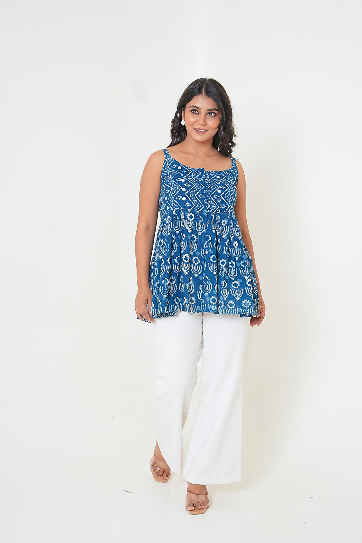 Indigo Breeze Handblock Printed Embroidered Flared Top
