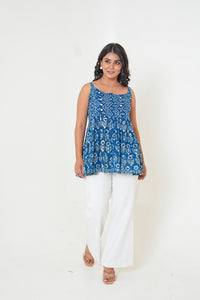 Indigo Breeze Handblock Printed Embroidered Flared Top