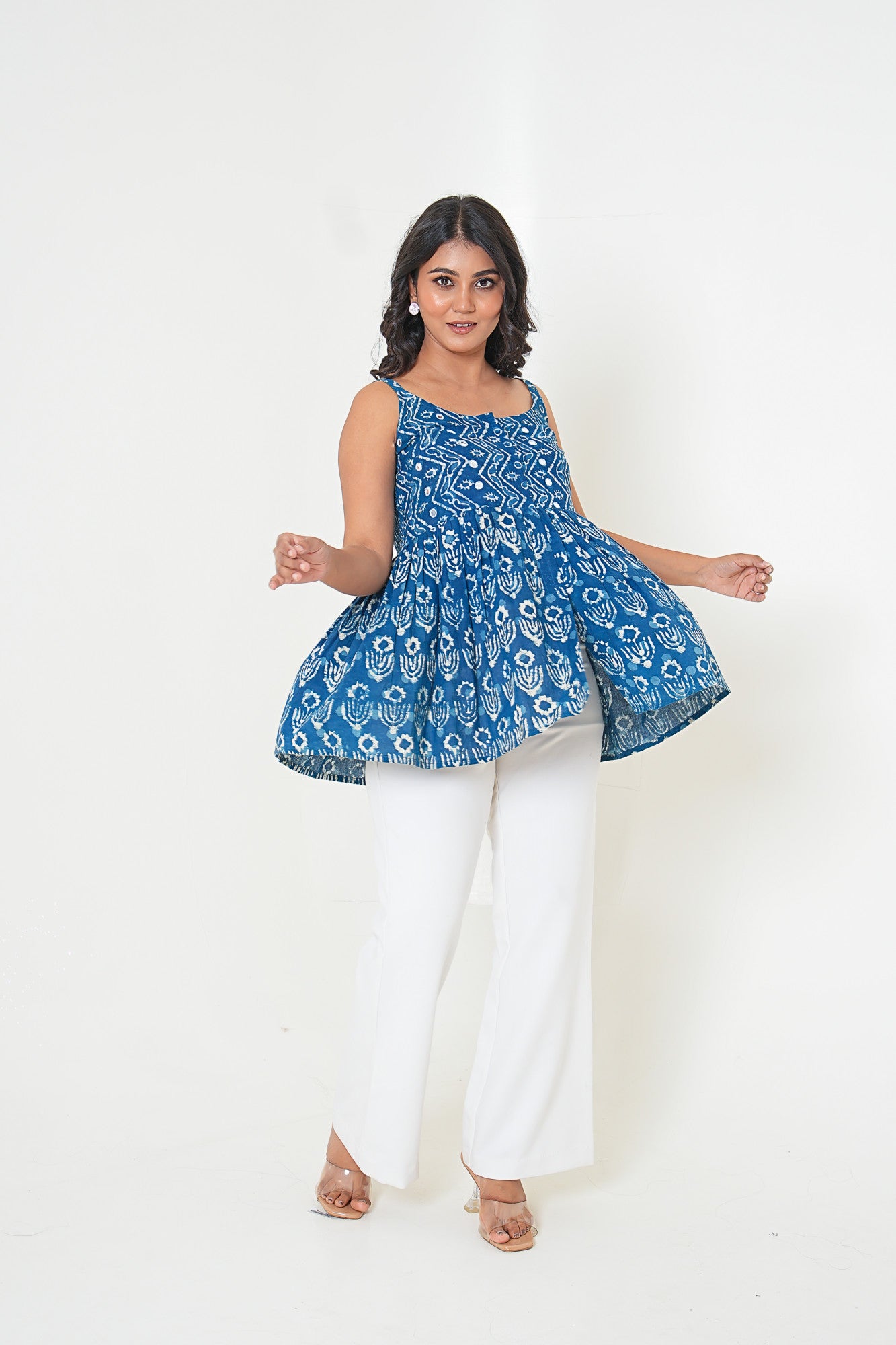 Indigo Breeze Handblock Printed Embroidered Flared Top