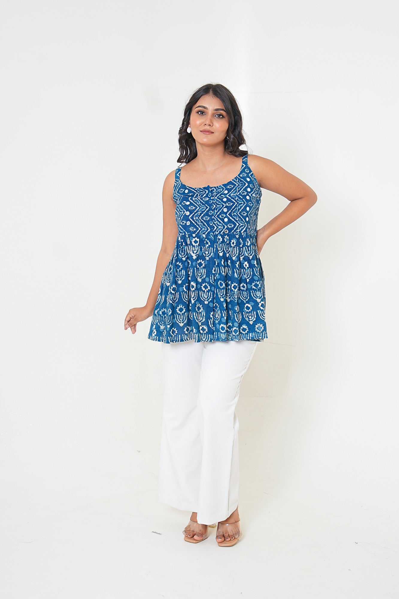 Indigo Breeze Handblock Printed Embroidered Flared Top
