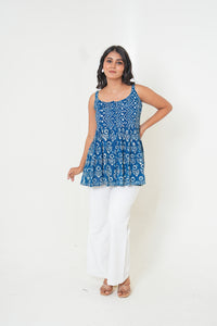 Indigo Breeze Handblock Printed Embroidered Flared Top