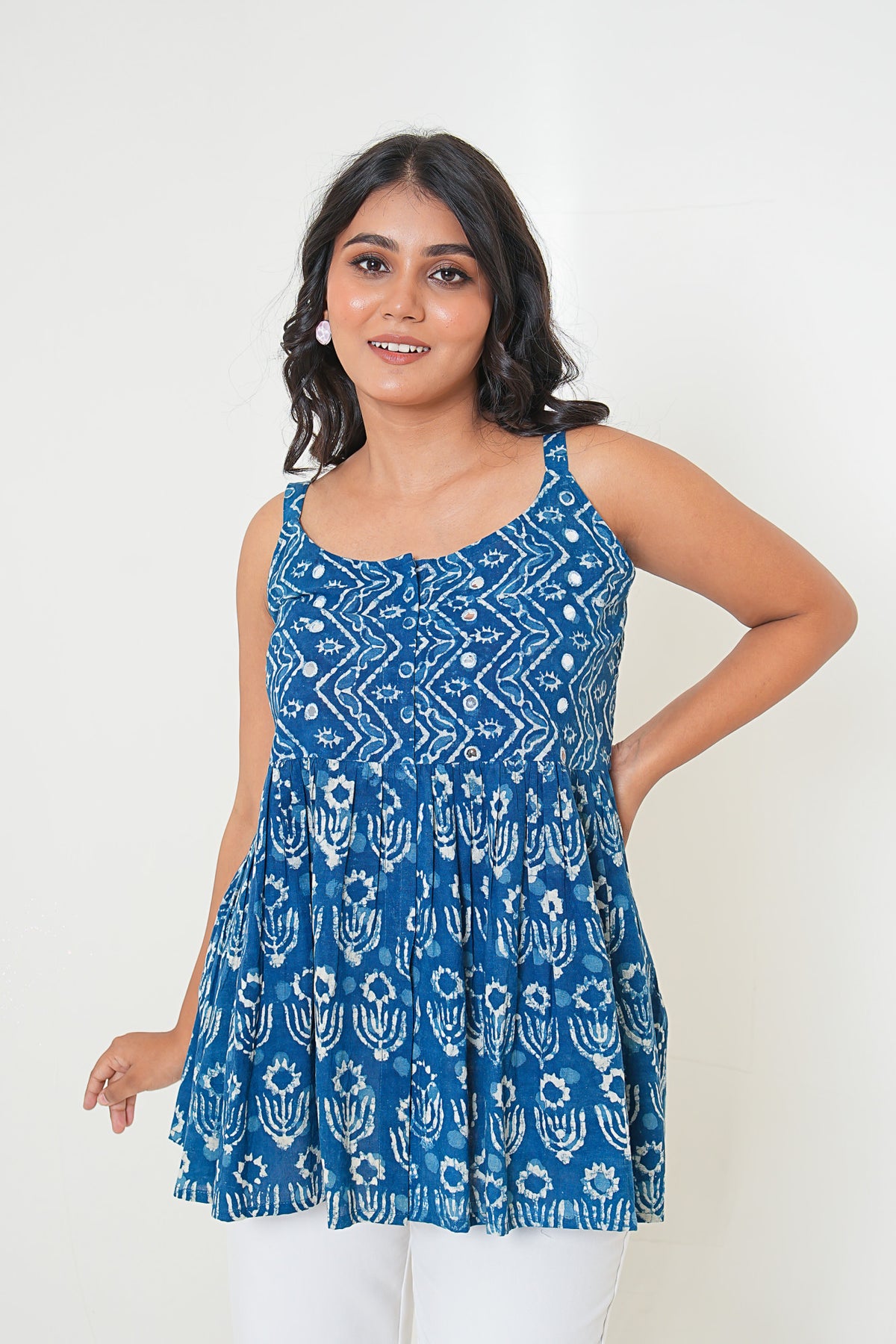 Indigo Breeze Handblock Printed Embroidered Flared Top