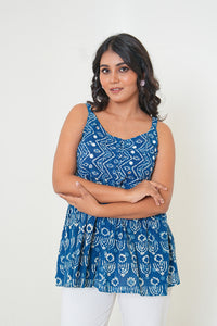 Indigo Breeze Handblock Printed Embroidered Flared Top