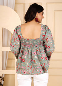 Meadow Muse Cotton Floral Printed Teal Frill Top