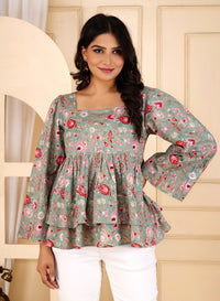 Meadow Muse Cotton Floral Printed Teal Frill Top