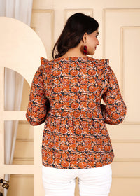 Pumpkin Spice Cotton Kantha Stitch Full-Sleeve Top