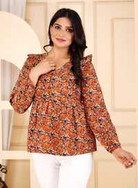 Pumpkin Spice Cotton Kantha Stitch Full-Sleeve Top