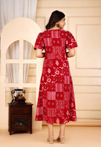 Front Knot Red Printed Dress