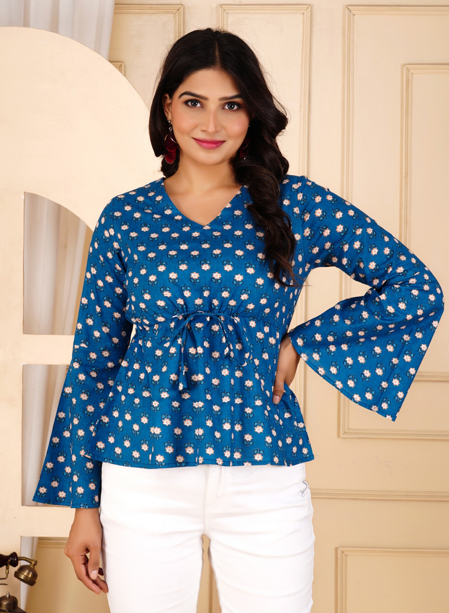 Blueberry Bloom Floral Printed Bell Sleeve Top