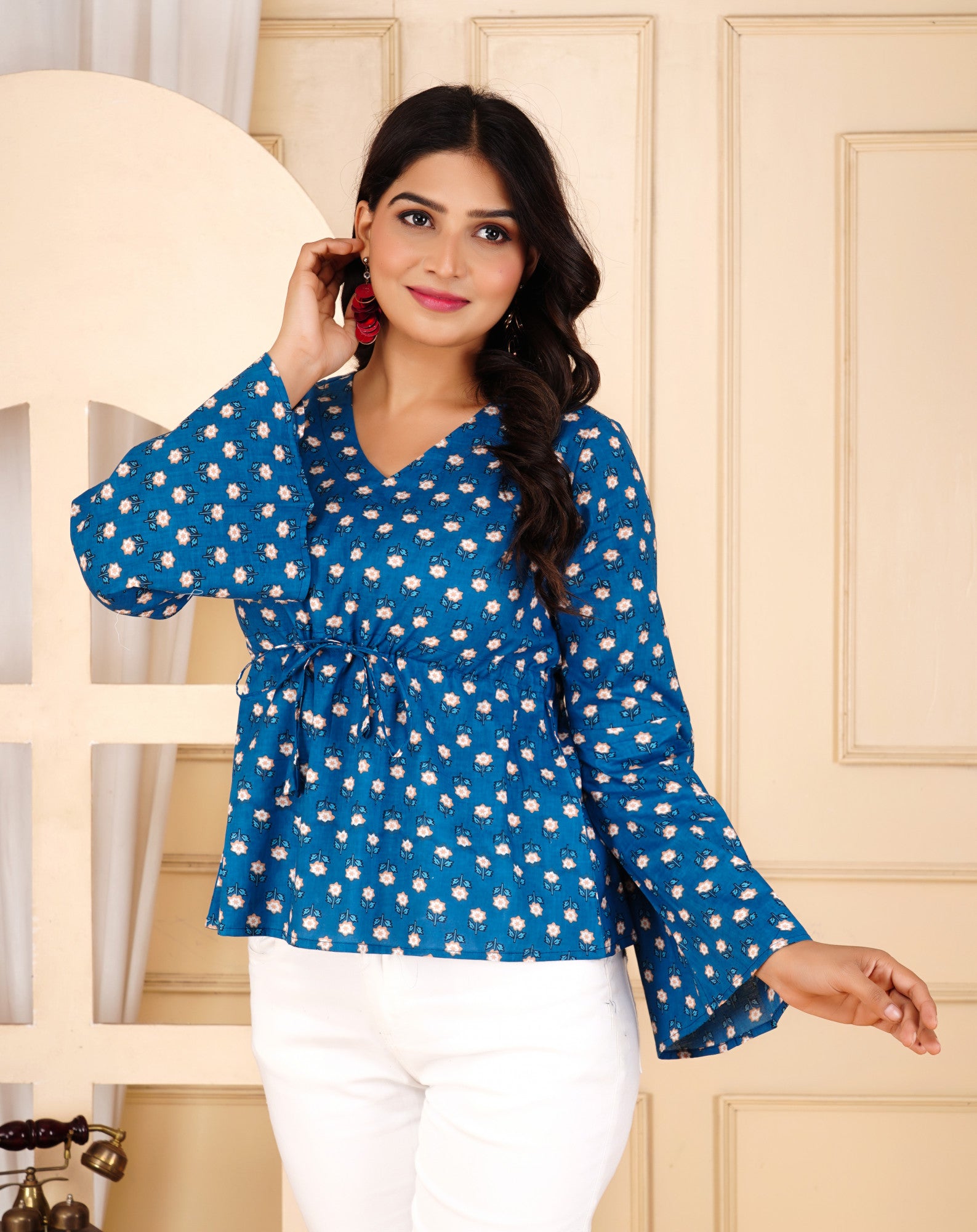 Blueberry Bloom Floral Printed Bell Sleeve Top