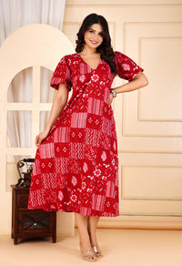 Front Knot Red Printed Dress