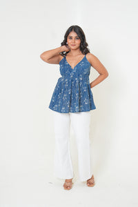 Indigo Bloom Handblock Printed Sleeveless Top