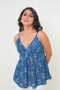 Indigo Bloom Handblock Printed Sleeveless Top